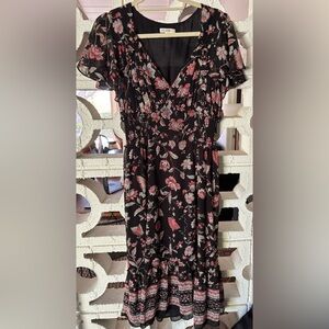 Max Studio Black and Pink Floral Midi Dress